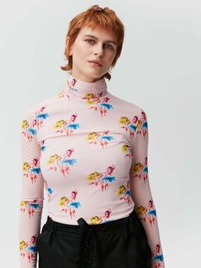 Ganni Printed Mesh Long Sleeve Fitted Rollneck 'Light Lilac'